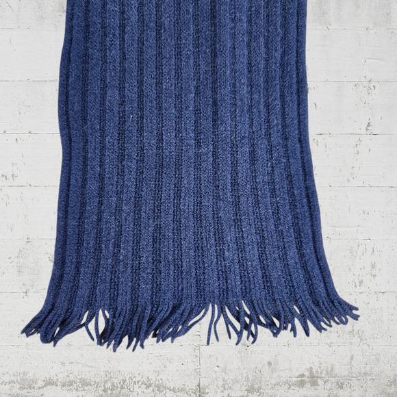 Navy Blue Ribbed Knit Fringe Ends Wide Wrap Around Cozy Soft Scarf OSFM - Picture 2 of 3